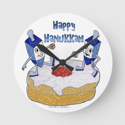Happy Hanukkah Dancing Dreidels Jelly Doughnut Runde Wanduhr (Vorderseite)