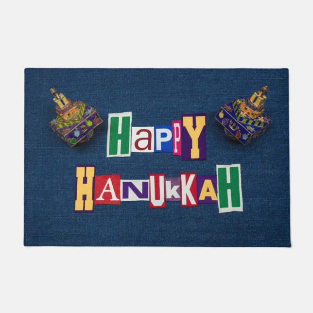 Happy Hanukkah Denim und Dreidels Fußmatte (Vorderseite)