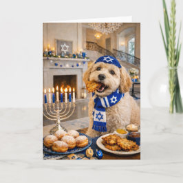 Happy Hanukkah Dog Card – Playful Golden Doodle Karte