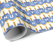 Happy Hanukkah Dreidel Blue Pattern Moderne Geschenkpapier (Rolleneckpunkt)