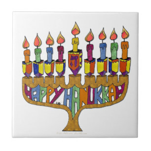 Happy Hanukkah Dreidels Menorah Fliese