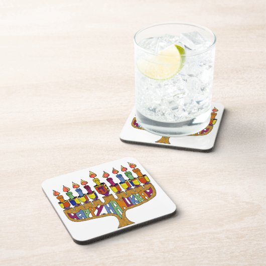 Happy Hanukkah Dreidels Menorah Getränkeuntersetzer (Rechte Seite)