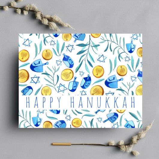 Happy Hanukkah Driedel Gelt Watercolor CUSTOM Postkarte