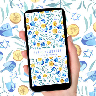 Happy Hanukkah Driedel Watercolor Tree Free Card Save The Date