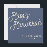 Happy Hanukkah | Einfache Retro-Typografie in Blau Feiertagskarte<br><div class="desc">Einfache Happy Hanukkah Gruß geschrieben in einem lustigen Retro-Schrift Stil auf einem dunkelblauen Hintergrund,  personalisiert mit Ihrem Namen.</div>