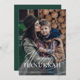 Happy Hanukkah | Elegantes Script Foto Dunkelgrün Feiertagskarte