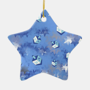 Happy Hanukkah Falling Stars und Dreidels Keramik Ornament