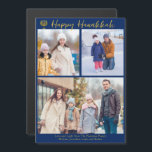 Happy Hanukkah Familie 3 Foto Collage Magnet Card<br><div class="desc">Moderne,  anpassbare jüdische Foto Collage Hanukkah Magnetkarte mit einer Kollektion von Fotos im Winter. Fügen Sie 3 Ihrer bevorzugten Chanukah-Erinnerungen auf diesem modernen drei Fotolayout unter einer Menorah und Gold-Skript. Gute Hanukkah-Magnete.</div>