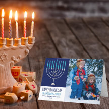Happy Hanukkah Familie Foto Blue Menorah geflogen