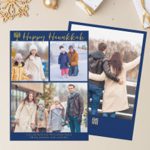 Happy Hanukkah Family 3 Photo Collage Modern Blue