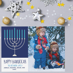 Happy Hanukkah Family Foto Blue Menorah Card
