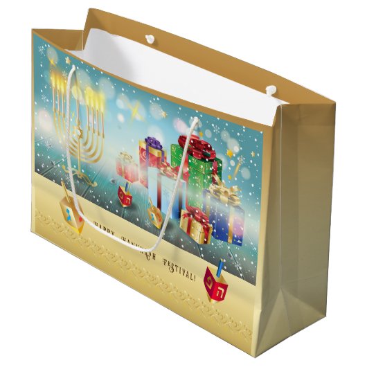 Happy Hanukkah Festival of Lights Gold Grosses Große Geschenktüte (Vorderseite Schrägansicht)