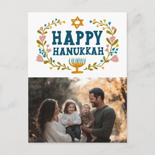 HAPPY HANUKKAH Floral Wreath Menorah Custom FOTO Postkarte (Vorderseite)