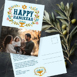 HAPPY HANUKKAH Floral Wreath Menorah Custom FOTO Postkarte<br><div class="desc">Handgezeichneter Text und Florale von mir für Sie. Klicken Sie auf "Personalisieren", um Ihr eigenes Foto zu bearbeiten und auf der Vorderseite der Postkarte den Text und die Rücksendeadresse hinzuzufügen oder die Hintergrundfarben zu ändern. Alles ist anpassbar. Für weitere Designs und Farben Karo mein Shop! Oder lass mir Bescheid, wenn...</div>