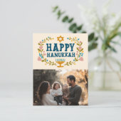 HAPPY HANUKKAH Floral Wreath Menorah Custom FOTO Postkarte (Stehend Vorderseite)