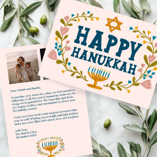 HAPPY HANUKKAH Floral Wreath Menorah Custom Fotos Feiertagskarte