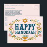 HAPPY HANUKKAH Floral Wreath Menorah Custom Text Postkarte<br><div class="desc">Handgezeichneter Text und Florale von mir für Sie. Klicken Sie auf "Personalisieren", um Ihren eigenen Text und Ihre eigene Rücksendeadresse auf der Rückseite der Postkarte zu bearbeiten oder die Hintergrundfarben zu ändern. Alles ist anpassbar. Für weitere Designs und Farben Karo mein Shop! Oder lass mir Bescheid, wenn du etwas Angewohntes...</div>