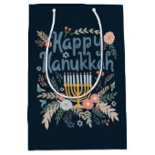Happy Hanukkah Florals Hand gezeichnet jüdischer F Mittlere Geschenktüte (Vorderseite)