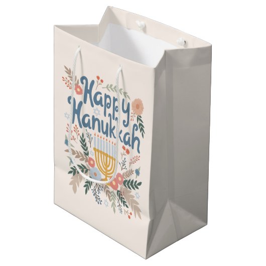 Happy Hanukkah Florals Hand gezeichnet jüdischer F Mittlere Geschenktüte (Vorderseite Schrägansicht)