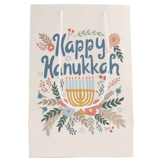 Happy Hanukkah Florals Hand gezeichnet jüdischer F Mittlere Geschenktüte (Rückseite)