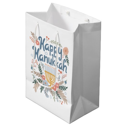 Happy Hanukkah Florals Hand gezeichnet jüdischer F Mittlere Geschenktüte (Vorderseite Schrägansicht)