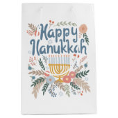 Happy Hanukkah Florals Hand gezeichnet jüdischer F Mittlere Geschenktüte (Vorderseite)