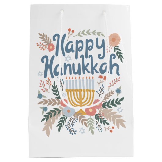 Happy Hanukkah Florals Hand gezeichnet jüdischer F Mittlere Geschenktüte (Rückseite)