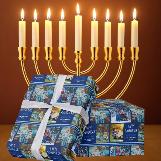 Happy Hanukkah Foto Collage Personalisiert Blue Geschenkpapier
