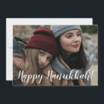 Happy Hanukkah Foto Feiertagskarte<br><div class="desc">Diese hübsche Fotokarte, die auf der Vorderseite "Happy Hanukkah!" in Weiß steht und "Möge das Licht von Hanukkah Ihre Herzen mit Ruhe und Liebe füllen. Wir wünschen Ihnen Segen und Freude!" in blau auf der Rückseite wird jedem Empfänger ein Lächeln bringen. Es ist eine warme Stimmung, die die Herzen der...</div>