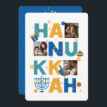 Happy HANUKKAH Foto Grußkarte<br><div class="desc">Unsere Hanukkah Custom Foto Grußkarte ist eine schöne, lustige Art, Familie und Freunden eine Happy Hanukkah im Stil zu wünschen. Dieses festliche, lustige und moderne Design beinhaltet ein Menorah, Dreidel, Jelly Donut & Wrapped Geschenk zusammen mit Snowflakes & Jüdischen Sternen. Personalisieren Sie diese benutzerdefinierte Karte mit 3 eigenen Fotos und...</div>
