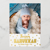 Happy Hanukkah Foto Whimsical Stars Real Gold Folien Feiertagskarte (Vorderseite)