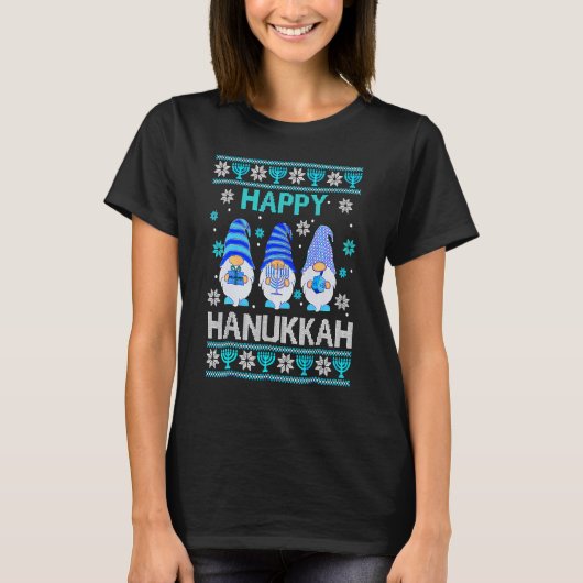 Happy Hanukkah Gnome Gnomies Menorah Pajama Ugly T-Shirt (Vorderseite)