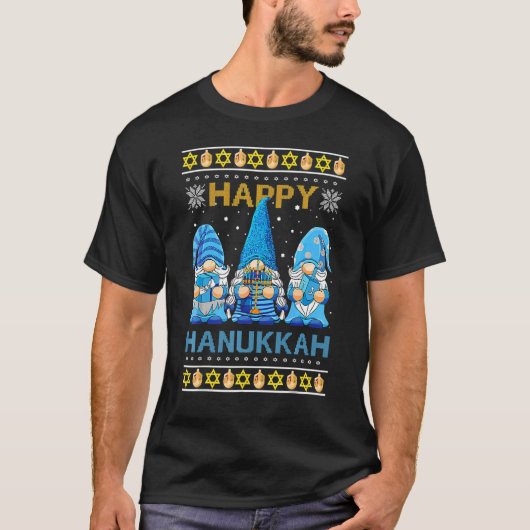 Happy Hanukkah Gnome Gnomies Menorah Pajama Ugly T-Shirt (Vorderseite)