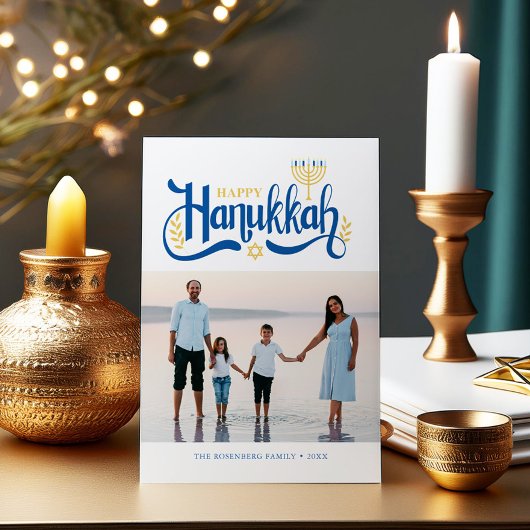 "Happy Hanukkah" Gold Menorah Feiertagskarte