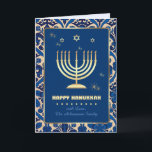 Happy Hanukkah. Gold Menorah Feiertagskarte<br><div class="desc">Happy Hanukkah. Festive Gold Foil Menorah Design Grußkarten mit personalisiertem Namen und Gruß. Matching Karten,  Party Einladungen und Geschenke verfügbar in der Jüdischen Ferien / Hanukkah Kategorie unseres Stores.</div>