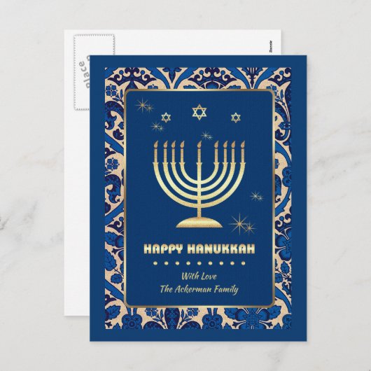 Happy Hanukkah. Gold Menorah Feiertagspostkarte (Vorne/Hinten)
