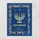 Happy Hanukkah. Gold Menorah Feiertagspostkarte (Vorderseite)