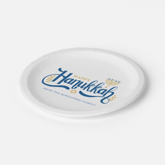 "Happy Hanukkah" Gold Menorah Pappteller (Schrägansicht)