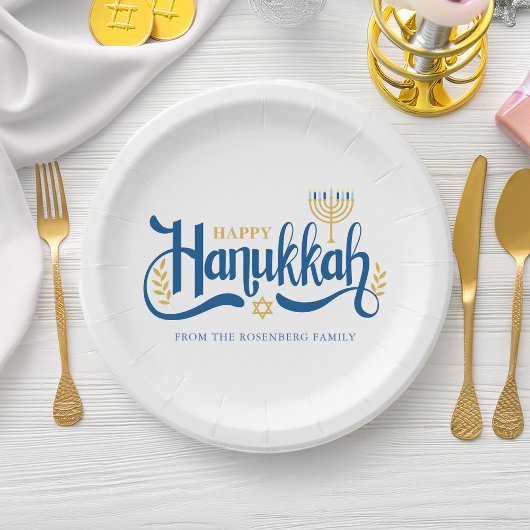 "Happy Hanukkah" Gold Menorah Pappteller