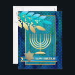 Happy Hanukkah. Gold Menorah & Star von David Feiertagspostkarte<br><div class="desc">Happy Hanukkah. Eleganter festlicher Gold Foil Star von David und Menorah Postcard. Matching Karten,  Party Einladungen und Geschenke verfügbar in der Jüdischen Ferien / Hanukkah Kategorie unseres Stores.</div>