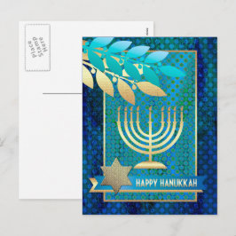 Happy Hanukkah. Gold Menorah & Star von David Feiertagspostkarte