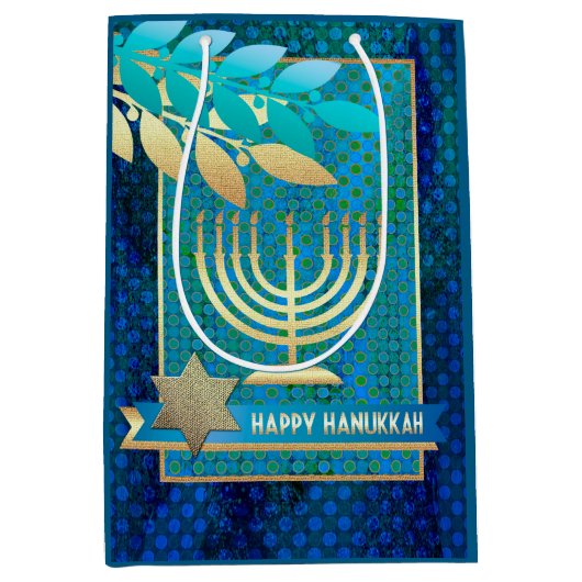 Happy Hanukkah. Gold Menorah und Star von David Mittlere Geschenktüte (Vorderseite)