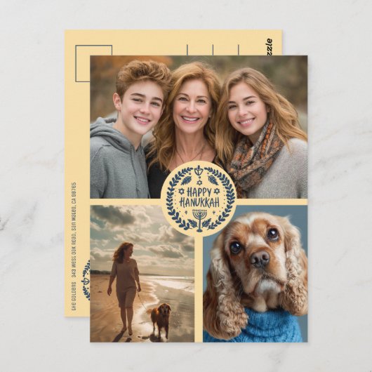Happy Hanukkah Hand Gezeichnet CUSTOM 3 FOTO Urlau Postkarte (Vorne/Hinten)