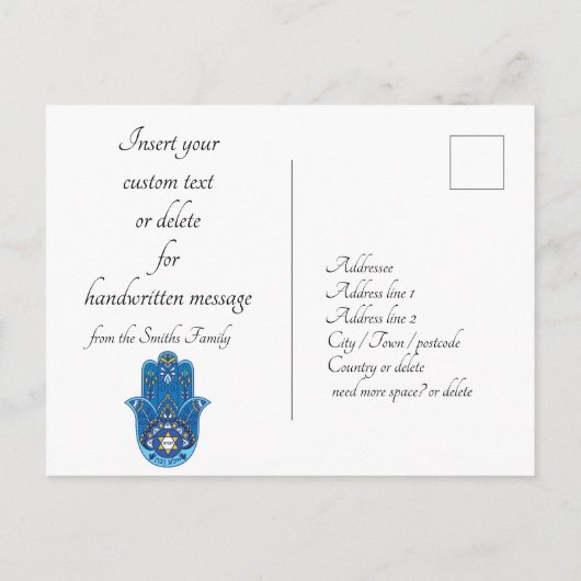 🕎 Happy Hanukkah, Hand Miriam, anpassbar Postkarte (Rückseite)