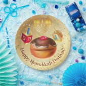 Happy Hanukkah Holiday Donuts und Menorah Gold Pappteller (Party)