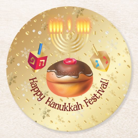 Happy Hanukkah Holiday Donuts und Menorah Gold Runder Pappuntersetzer (Vorderseite)