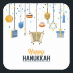 Happy Hanukkah Holiday Icon Dekorationen Quadratischer Aufkleber<br><div class="desc">Dieses Design bietet Hanukkah-Ikonen wie dekorative Ornamente wie Torah,  dreidel,  Stern von David,  Kerzen,  Goldmünzen und Juden Donuts (Sufganiyah). #hanukkah #chanukah #glückyhanukkah #holidays #saisonale #festive #donuts #doughnut #dreidel #light #candle #gift #gift #gift #gold #jewish #modern #design #style #stylish #greetings #stickers #labels#giftwrapping #sufganiyah</div>