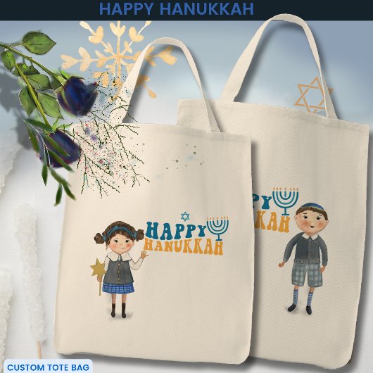 Happy Hanukkah Jewish Girl & Boy Tragetasche