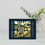 Happy Hanukkah Jewish Greeting Foil Holiday Card Folien Feiertagspostkarte<br><div class="desc">Happy Hanukkah / Chanukah Modern Geometric Holiday Grüße in Real Gold Foil auf Dark Navy. Menorah, Dreidel, Donuts, Stars & Olivenöl... Sie sind alle hier. Jewish Hanukkah Symbols Space, um Ihren personalisierten Text auf der Vorderseite und umgekehrt hinzuzufügen. Alles Gute wünscht Hanukkah. Dieses hochklassige, schöne, aussehen, ist eine großartige Möglichkeit,...</div>