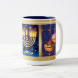 Happy Hanukkah Jewish Holiday Beautiful Zweifarbige Tasse<br><div class="desc">Happy Hanukkah Schöne jüdische Feiertage Kaffee Tasse & Cup Design. Jüdischer Holiday Hanukkah Hintergrund mit traditionellen Chanukah-Symbole - Holzdreigel (Spinnen top),  Donuts,  Menorah,  Kerzen,  Stern von David und leuchtende Licht Wallpaper,  dekorative Muster für Zuhause,  Küche & Dining,  Trinkbehälter,  Tasse & Cups. Hanukkah Festival Dekoration. Judaika. Jerusalem,  Israel.</div>